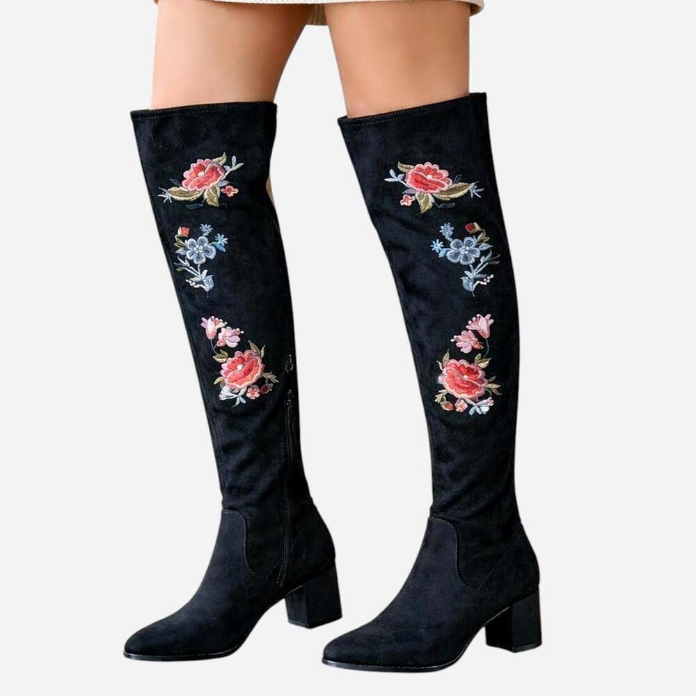 Black Suedy-Look Stretchy Embroidered Boots